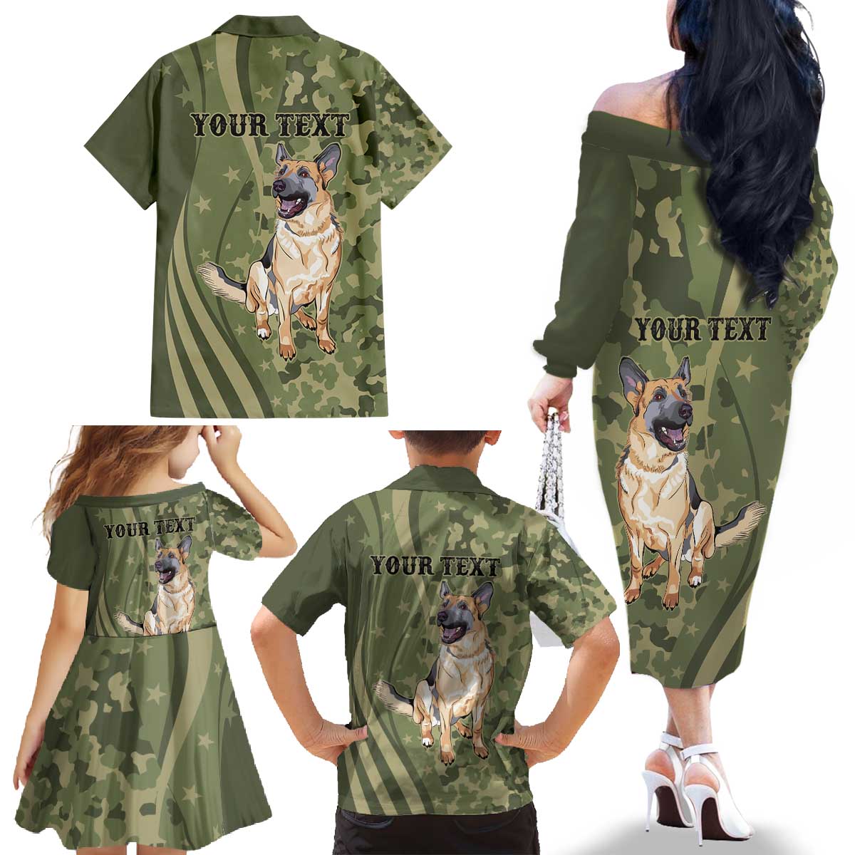 United States Canine Personalized Family Matching Off The Shoulder Long Sleeve Dress and Hawaiian Shirt USA Military K9s Camouflage