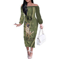 United States Canine Personalized Family Matching Off The Shoulder Long Sleeve Dress and Hawaiian Shirt USA Military K9s Camouflage