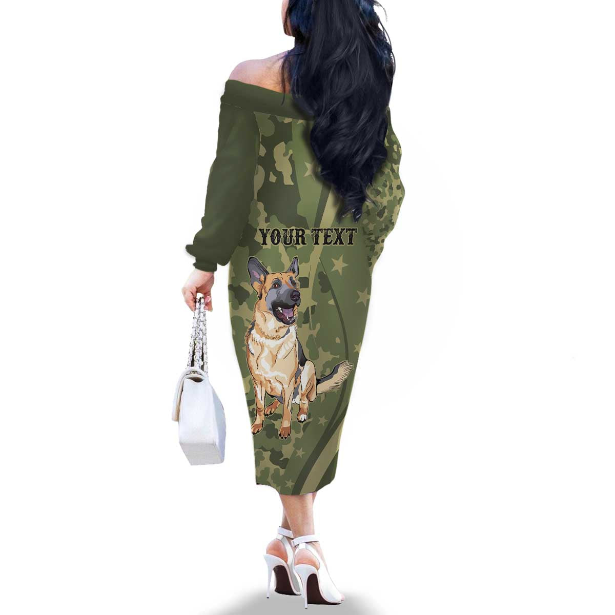 United States Canine Personalized Family Matching Off The Shoulder Long Sleeve Dress and Hawaiian Shirt USA Military K9s Camouflage