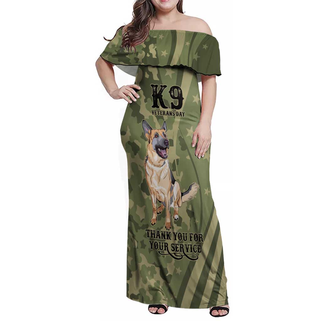 United States Canine Personalized Family Matching Off Shoulder Maxi Dress and Hawaiian Shirt USA Military K9s Camouflage