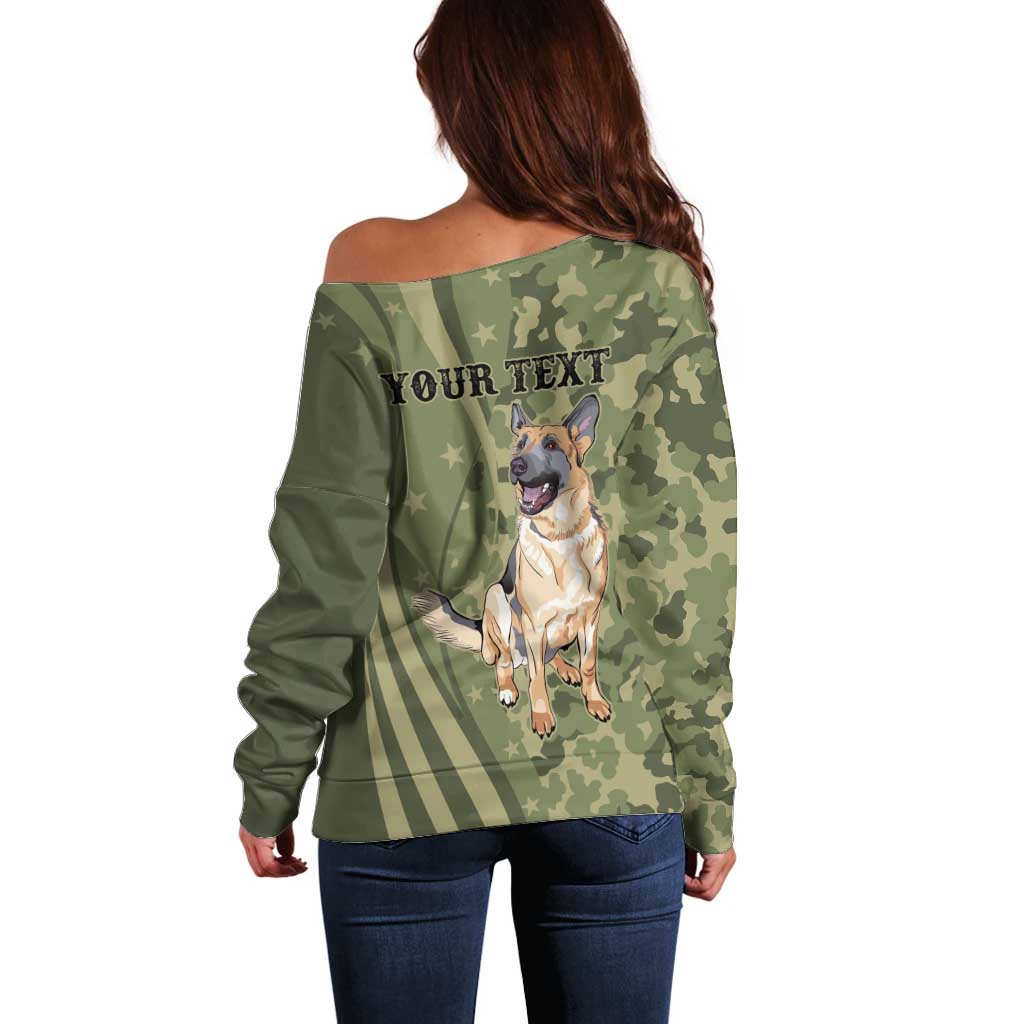 United States Canine Personalized Off Shoulder Sweater USA Military K9s Camouflage