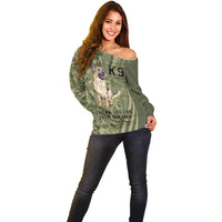 United States Canine Personalized Off Shoulder Sweater USA Military K9s Camouflage