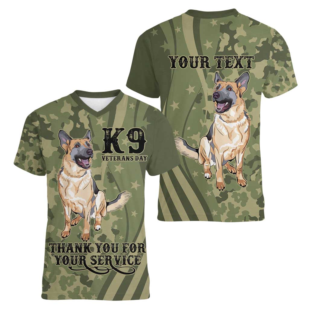 United States Canine Personalized Women V-Neck T-Shirt USA Military K9s Camouflage
