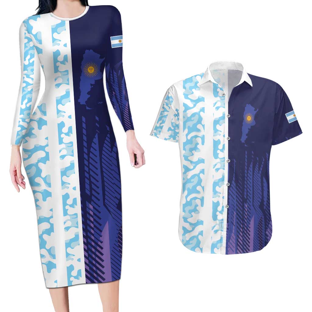 Argentina Football Custom Couples Matching Long Sleeve Bodycon Dress and Hawaiian Shirt Vamos La Albiceleste Half Version