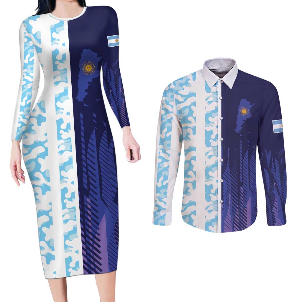 Argentina Football Custom Couples Matching Long Sleeve Bodycon Dress and Long Sleeve Button Shirt Vamos La Albiceleste Half Version