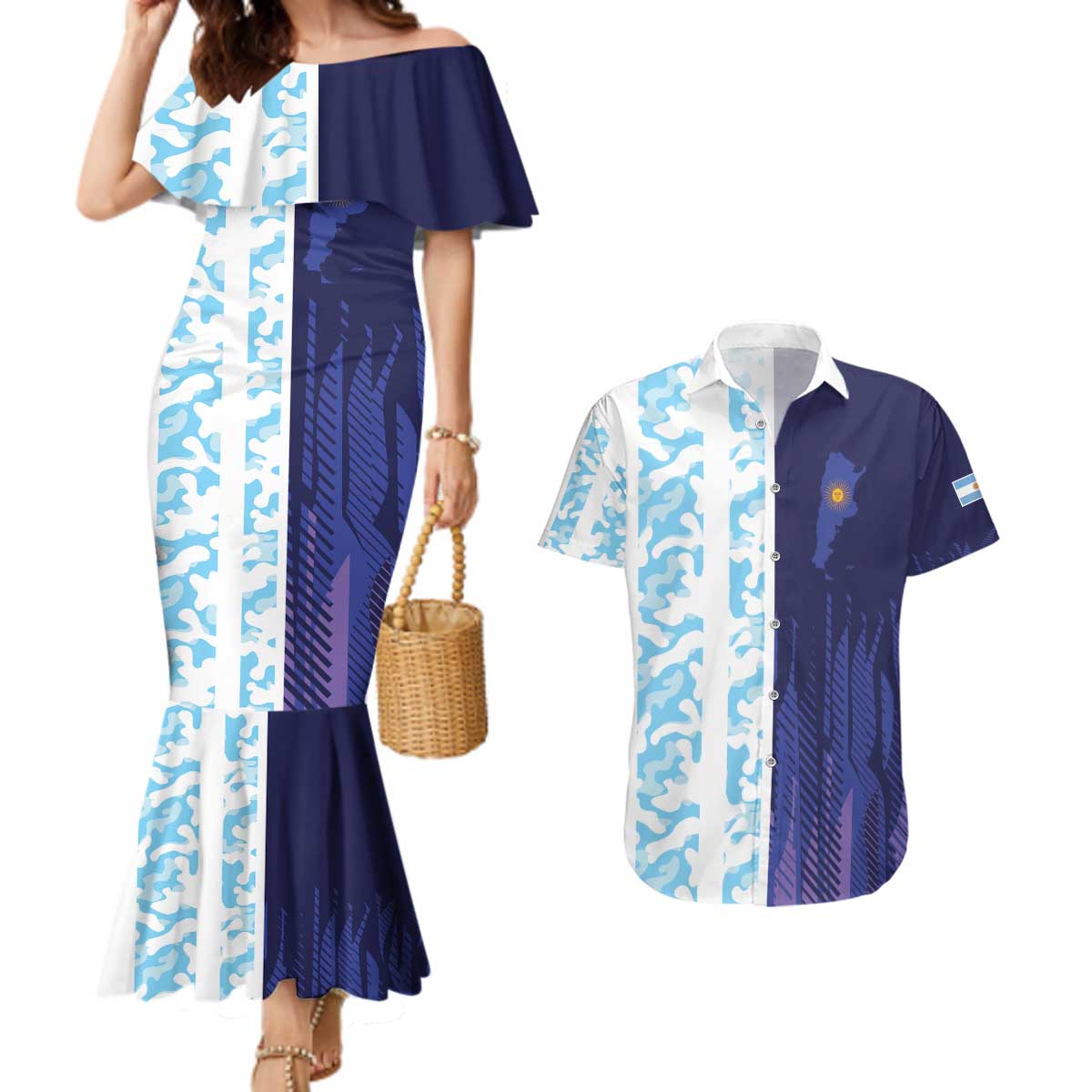 Argentina Football Custom Couples Matching Mermaid Dress and Hawaiian Shirt Vamos La Albiceleste Half Version