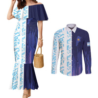 Argentina Football Custom Couples Matching Mermaid Dress and Long Sleeve Button Shirt Vamos La Albiceleste Half Version
