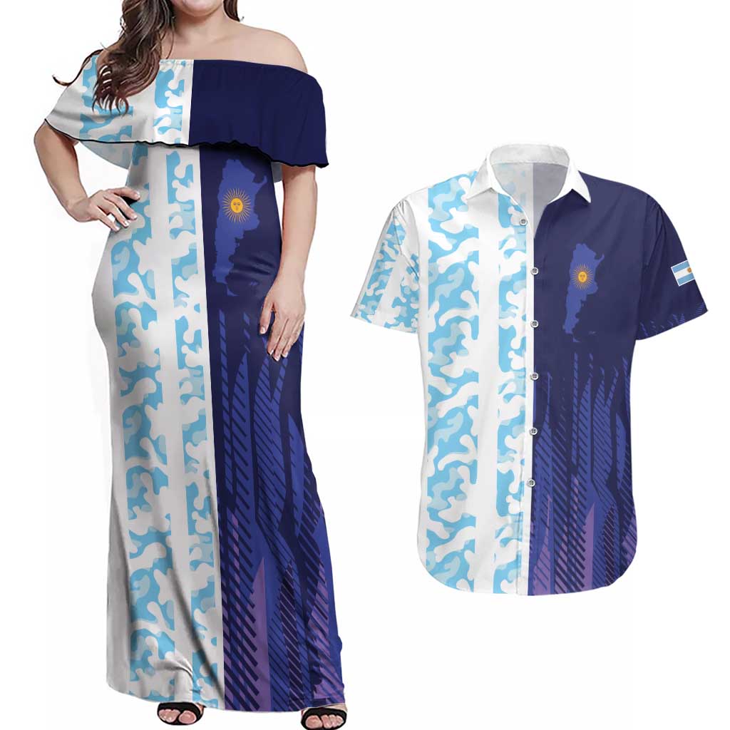 Argentina Football Custom Couples Matching Off Shoulder Maxi Dress and Hawaiian Shirt Vamos La Albiceleste Half Version