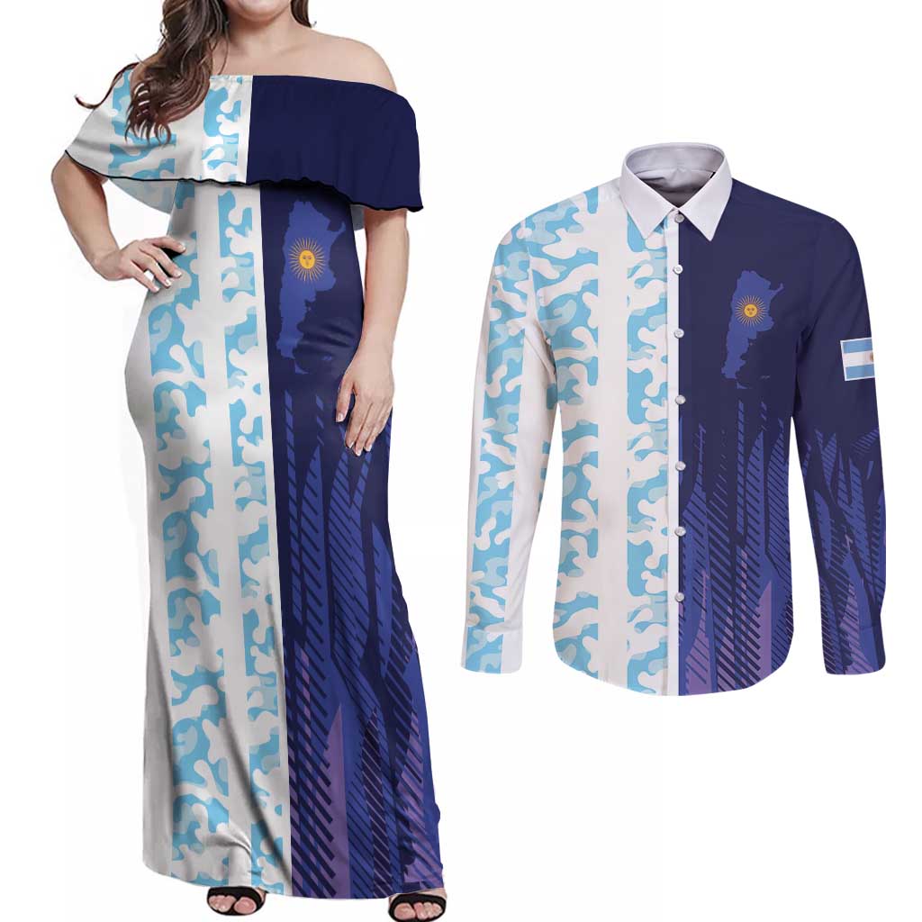 Argentina Football Custom Couples Matching Off Shoulder Maxi Dress and Long Sleeve Button Shirt Vamos La Albiceleste Half Version