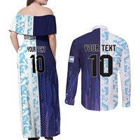 Argentina Football Custom Couples Matching Off Shoulder Maxi Dress and Long Sleeve Button Shirt Vamos La Albiceleste Half Version