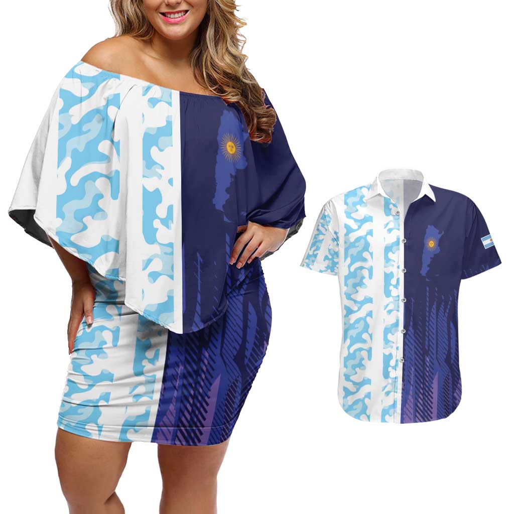 Argentina Football Custom Couples Matching Off Shoulder Short Dress and Hawaiian Shirt Vamos La Albiceleste Half Version