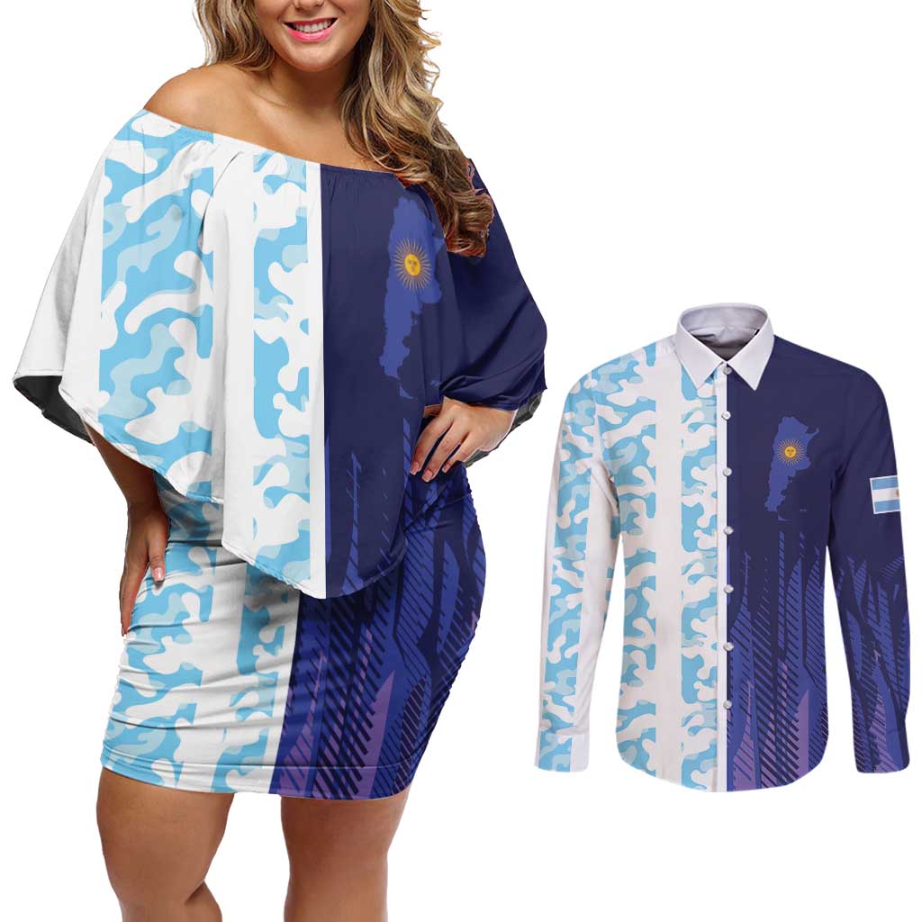 Argentina Football Custom Couples Matching Off Shoulder Short Dress and Long Sleeve Button Shirt Vamos La Albiceleste Half Version