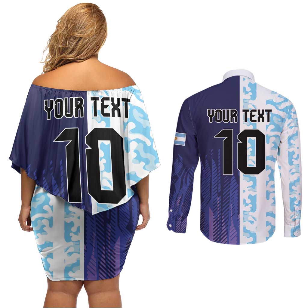 Argentina Football Custom Couples Matching Off Shoulder Short Dress and Long Sleeve Button Shirt Vamos La Albiceleste Half Version