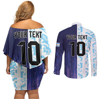 Argentina Football Custom Couples Matching Off Shoulder Short Dress and Long Sleeve Button Shirt Vamos La Albiceleste Half Version