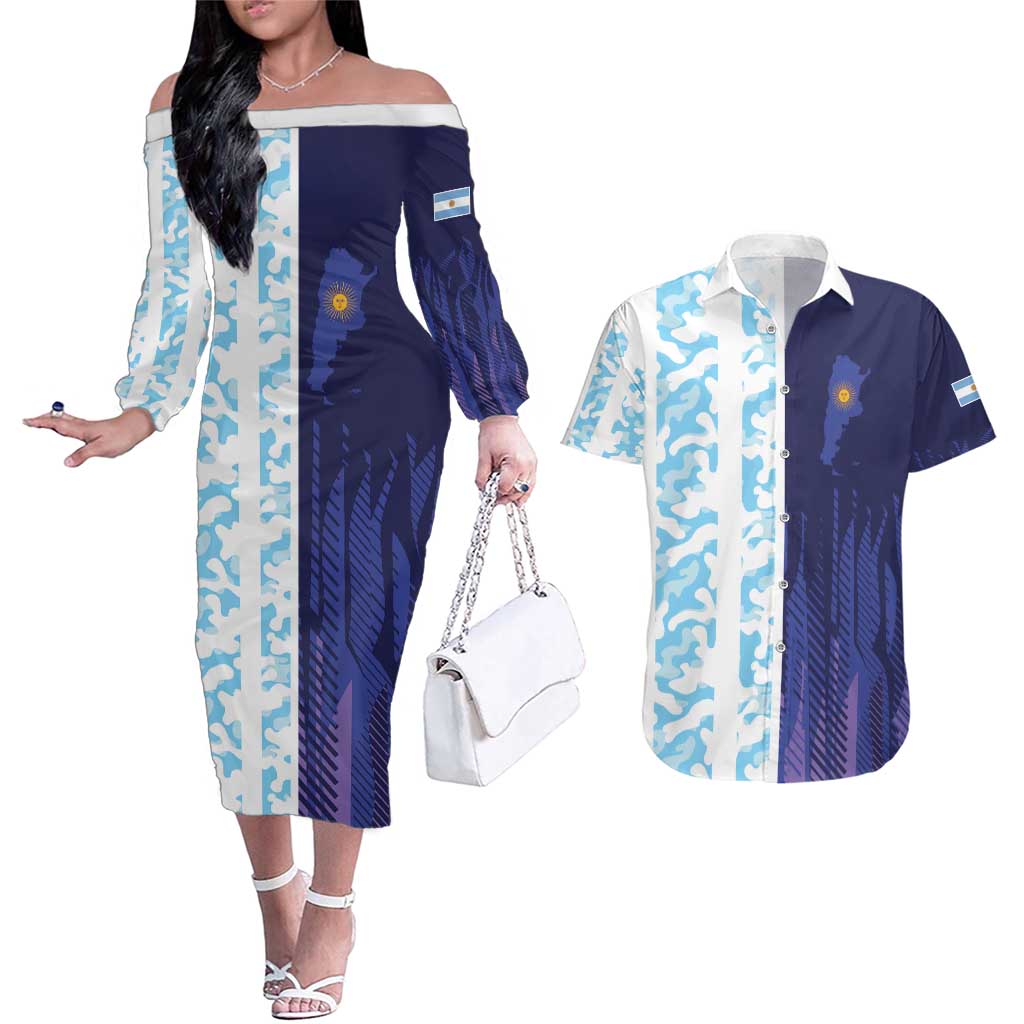 Argentina Football Custom Couples Matching Off The Shoulder Long Sleeve Dress and Hawaiian Shirt Vamos La Albiceleste Half Version