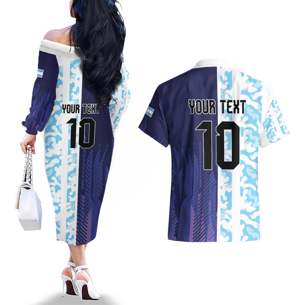 Argentina Football Custom Couples Matching Off The Shoulder Long Sleeve Dress and Hawaiian Shirt Vamos La Albiceleste Half Version