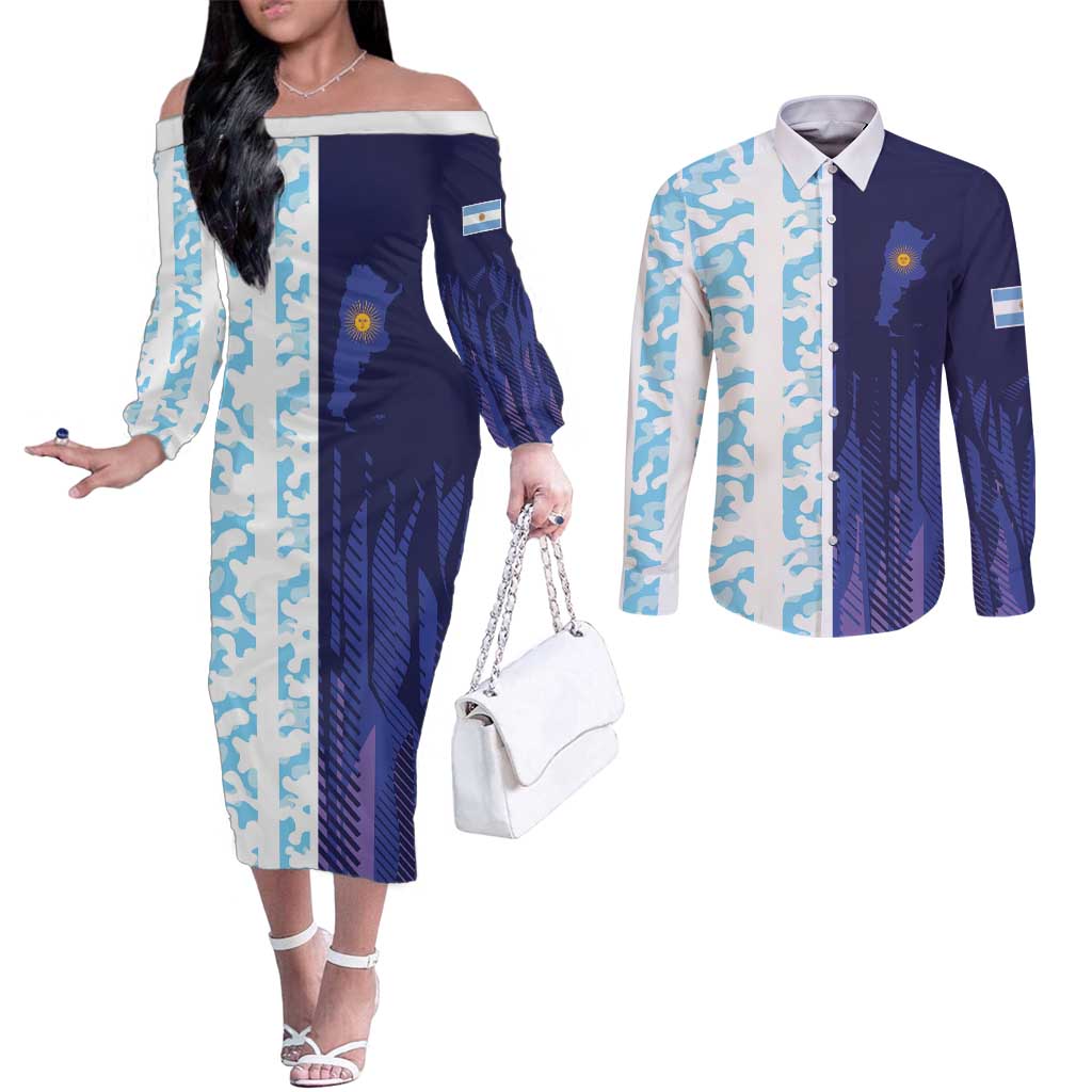 Argentina Football Custom Couples Matching Off The Shoulder Long Sleeve Dress and Long Sleeve Button Shirt Vamos La Albiceleste Half Version