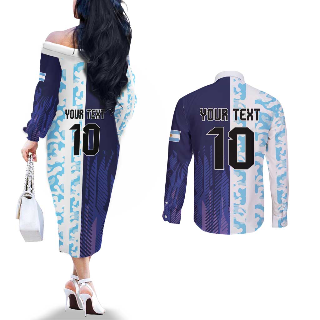 Argentina Football Custom Couples Matching Off The Shoulder Long Sleeve Dress and Long Sleeve Button Shirt Vamos La Albiceleste Half Version