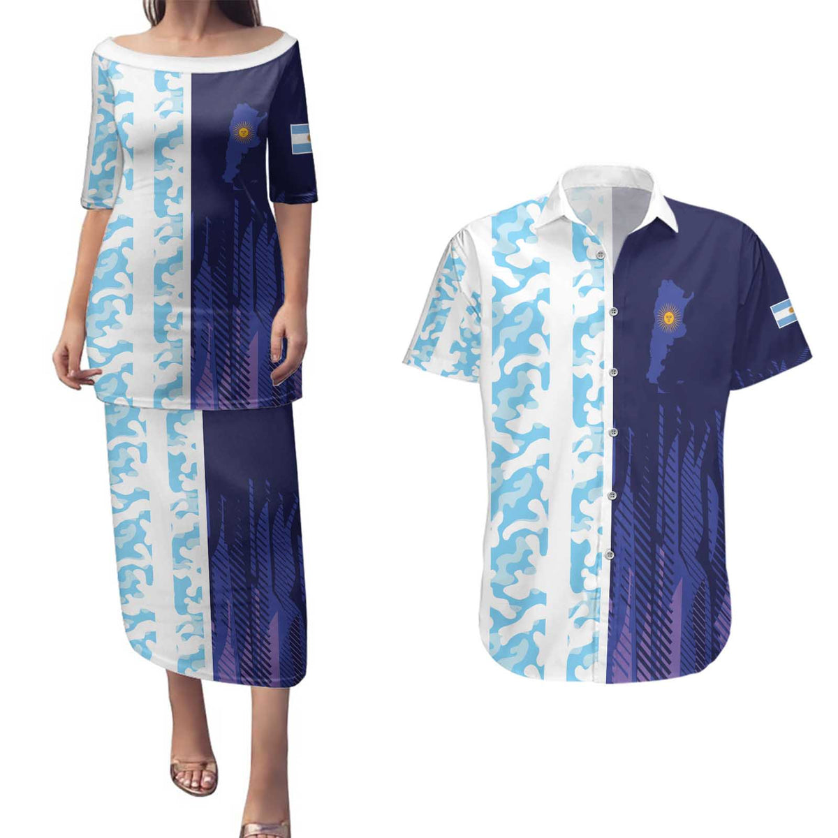 Argentina Football Custom Couples Matching Puletasi and Hawaiian Shirt Vamos La Albiceleste Half Version
