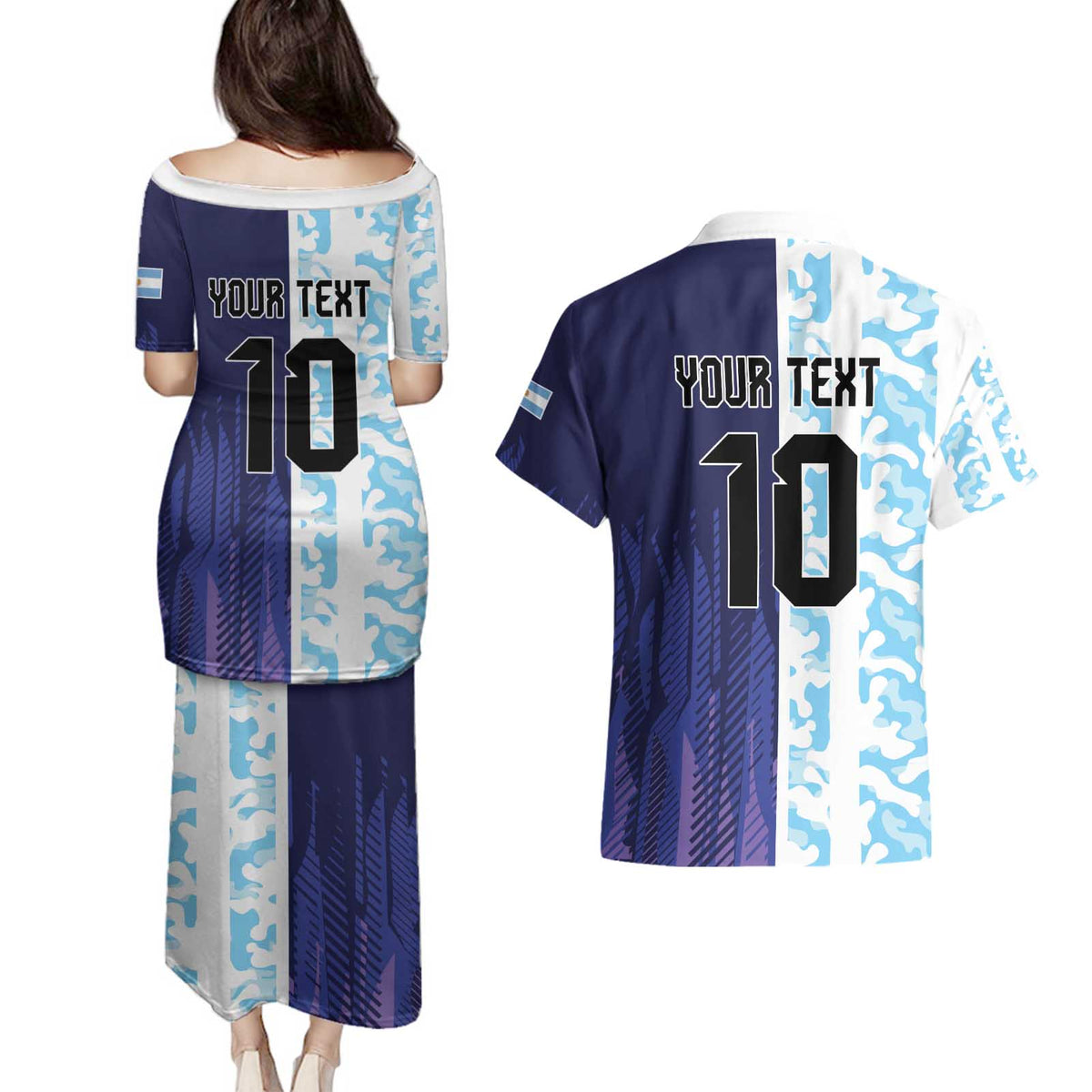 Argentina Football Custom Couples Matching Puletasi and Hawaiian Shirt Vamos La Albiceleste Half Version