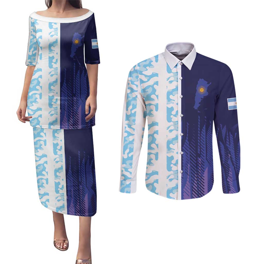 Argentina Football Custom Couples Matching Puletasi and Long Sleeve Button Shirt Vamos La Albiceleste Half Version