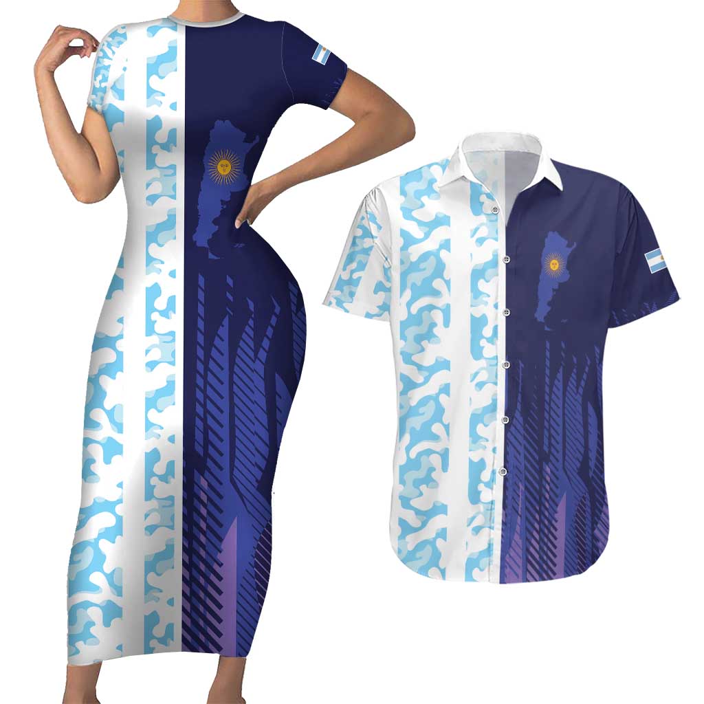 Argentina Football Custom Couples Matching Short Sleeve Bodycon Dress and Hawaiian Shirt Vamos La Albiceleste Half Version