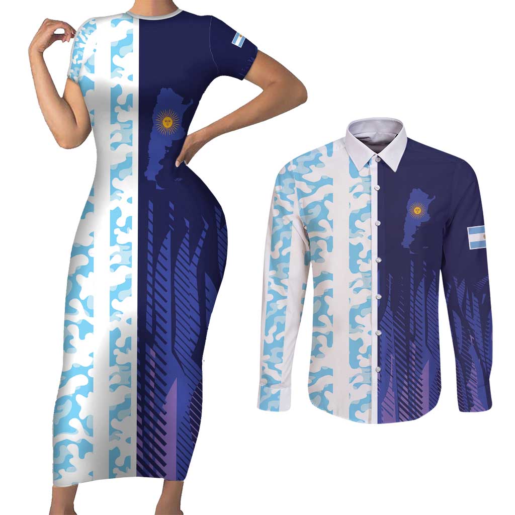 Argentina Football Custom Couples Matching Short Sleeve Bodycon Dress and Long Sleeve Button Shirt Vamos La Albiceleste Half Version