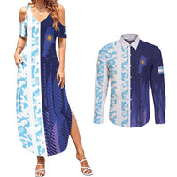 Argentina Football Custom Couples Matching Summer Maxi Dress and Long Sleeve Button Shirt Vamos La Albiceleste Half Version