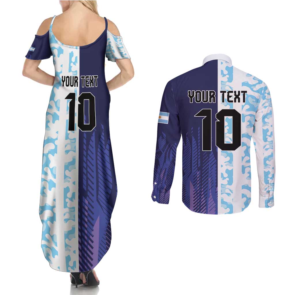 Argentina Football Custom Couples Matching Summer Maxi Dress and Long Sleeve Button Shirt Vamos La Albiceleste Half Version