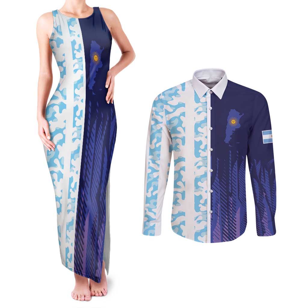 Argentina Football Custom Couples Matching Tank Maxi Dress and Long Sleeve Button Shirt Vamos La Albiceleste Half Version
