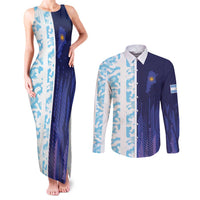 Argentina Football Custom Couples Matching Tank Maxi Dress and Long Sleeve Button Shirt Vamos La Albiceleste Half Version
