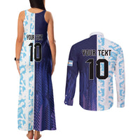 Argentina Football Custom Couples Matching Tank Maxi Dress and Long Sleeve Button Shirt Vamos La Albiceleste Half Version