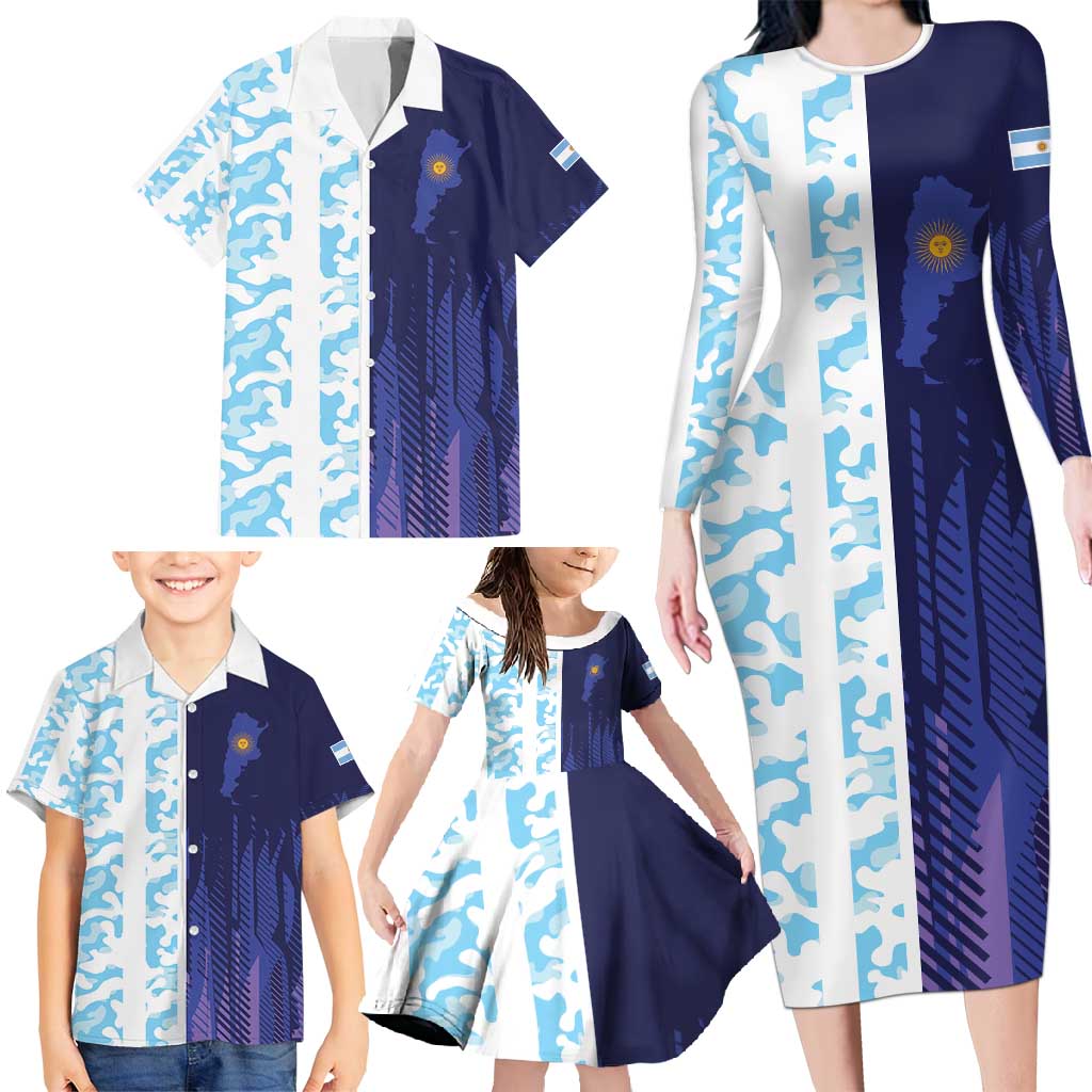Argentina Football Custom Family Matching Long Sleeve Bodycon Dress and Hawaiian Shirt Vamos La Albiceleste Half Version