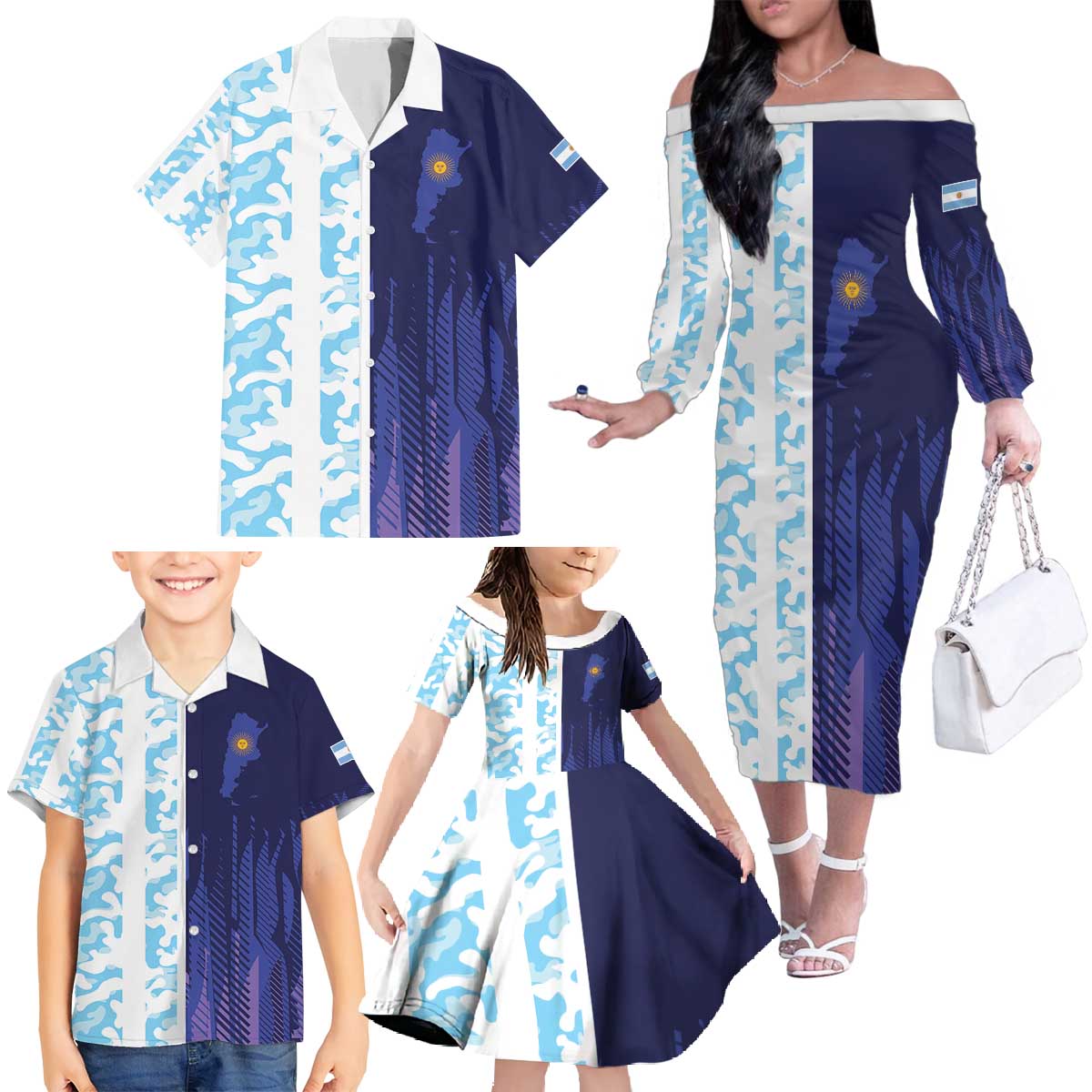 Argentina Football Custom Family Matching Off The Shoulder Long Sleeve Dress and Hawaiian Shirt Vamos La Albiceleste Half Version