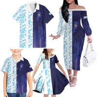 Argentina Football Custom Family Matching Off The Shoulder Long Sleeve Dress and Hawaiian Shirt Vamos La Albiceleste Half Version