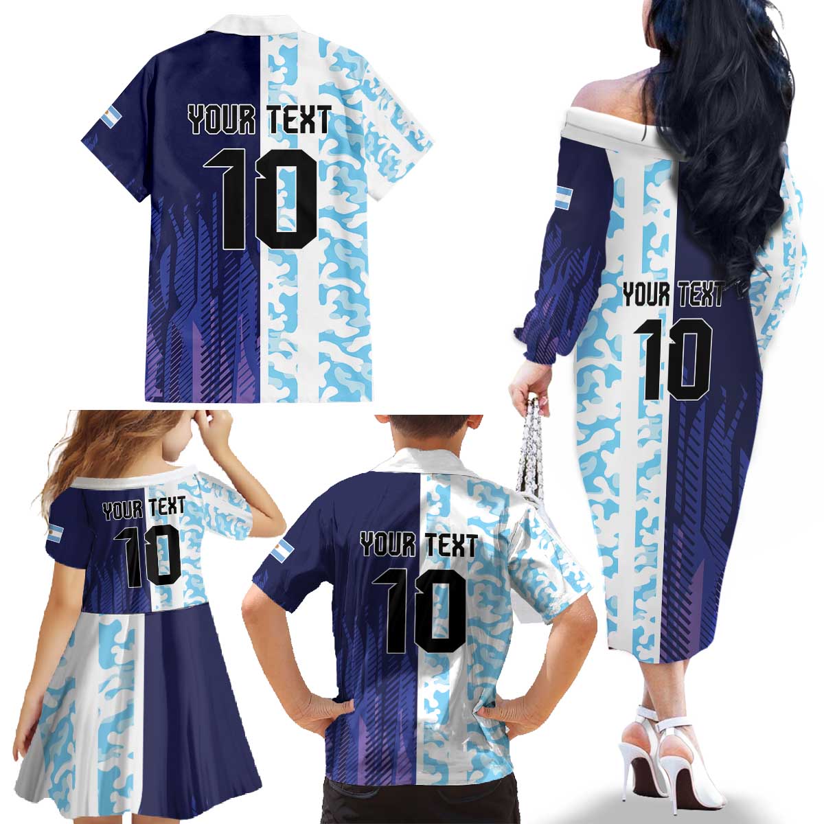 Argentina Football Custom Family Matching Off The Shoulder Long Sleeve Dress and Hawaiian Shirt Vamos La Albiceleste Half Version