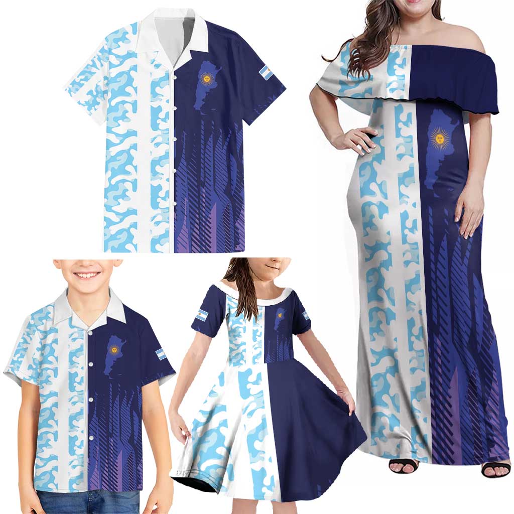 Argentina Football Custom Family Matching Off Shoulder Maxi Dress and Hawaiian Shirt Vamos La Albiceleste Half Version