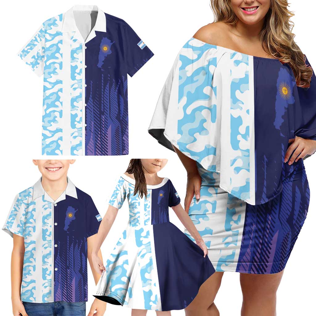 Argentina Football Custom Family Matching Off Shoulder Short Dress and Hawaiian Shirt Vamos La Albiceleste Half Version