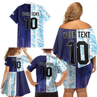 Argentina Football Custom Family Matching Off Shoulder Short Dress and Hawaiian Shirt Vamos La Albiceleste Half Version