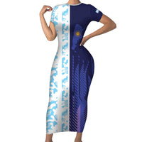 Argentina Football Custom Family Matching Short Sleeve Bodycon Dress and Hawaiian Shirt Vamos La Albiceleste Half Version