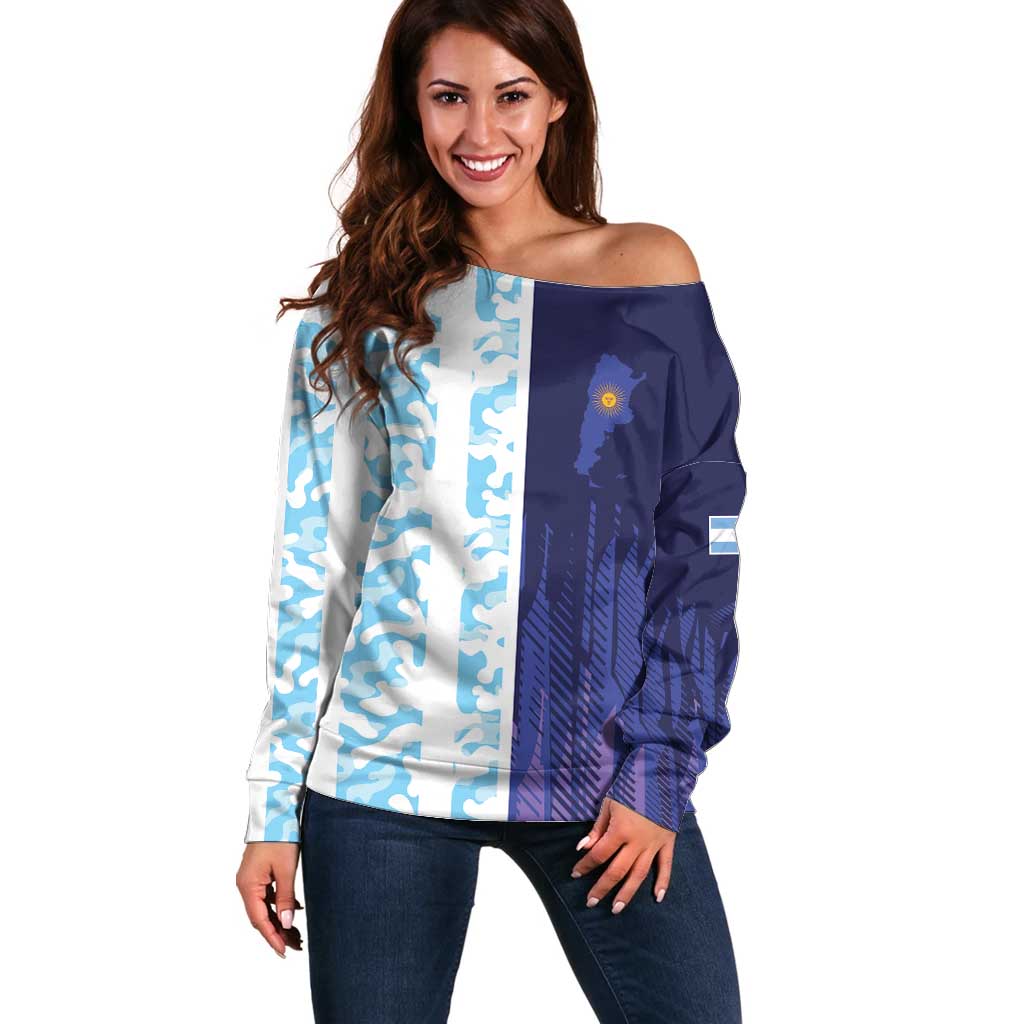 Argentina Football Custom Off Shoulder Sweater Vamos La Albiceleste Half Version