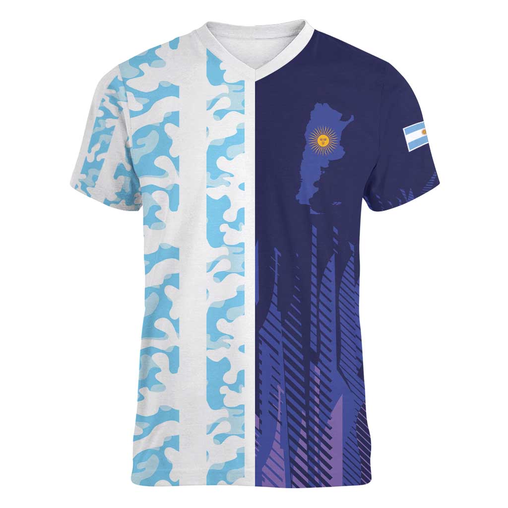 Argentina Football Custom Women V-Neck T-Shirt Vamos La Albiceleste Half Version