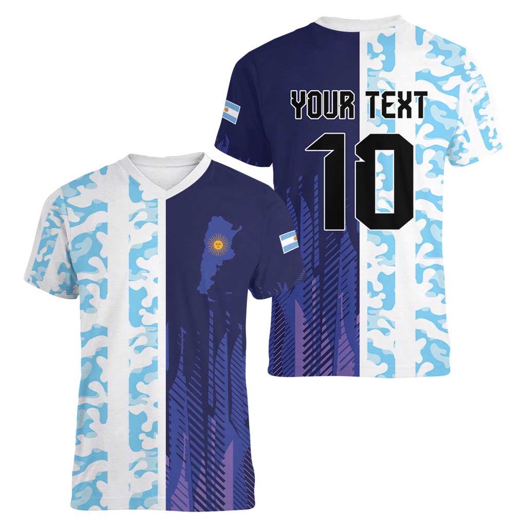 Argentina Football Custom Women V-Neck T-Shirt Vamos La Albiceleste Half Version