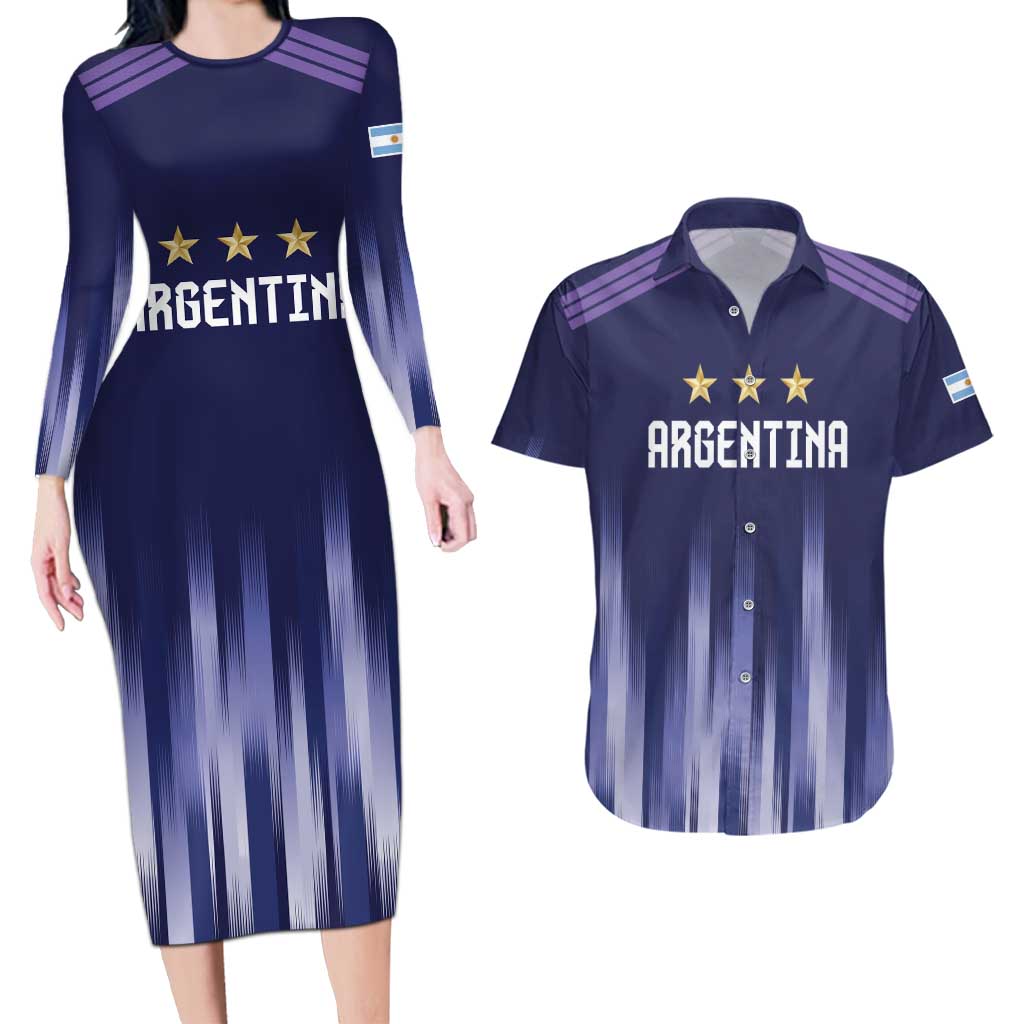 Argentina Football Custom Couples Matching Long Sleeve Bodycon Dress and Hawaiian Shirt Vamos La Albiceleste Vintage