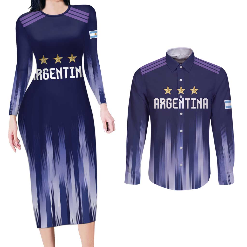 Argentina Football Custom Couples Matching Long Sleeve Bodycon Dress and Long Sleeve Button Shirt Vamos La Albiceleste Vintage
