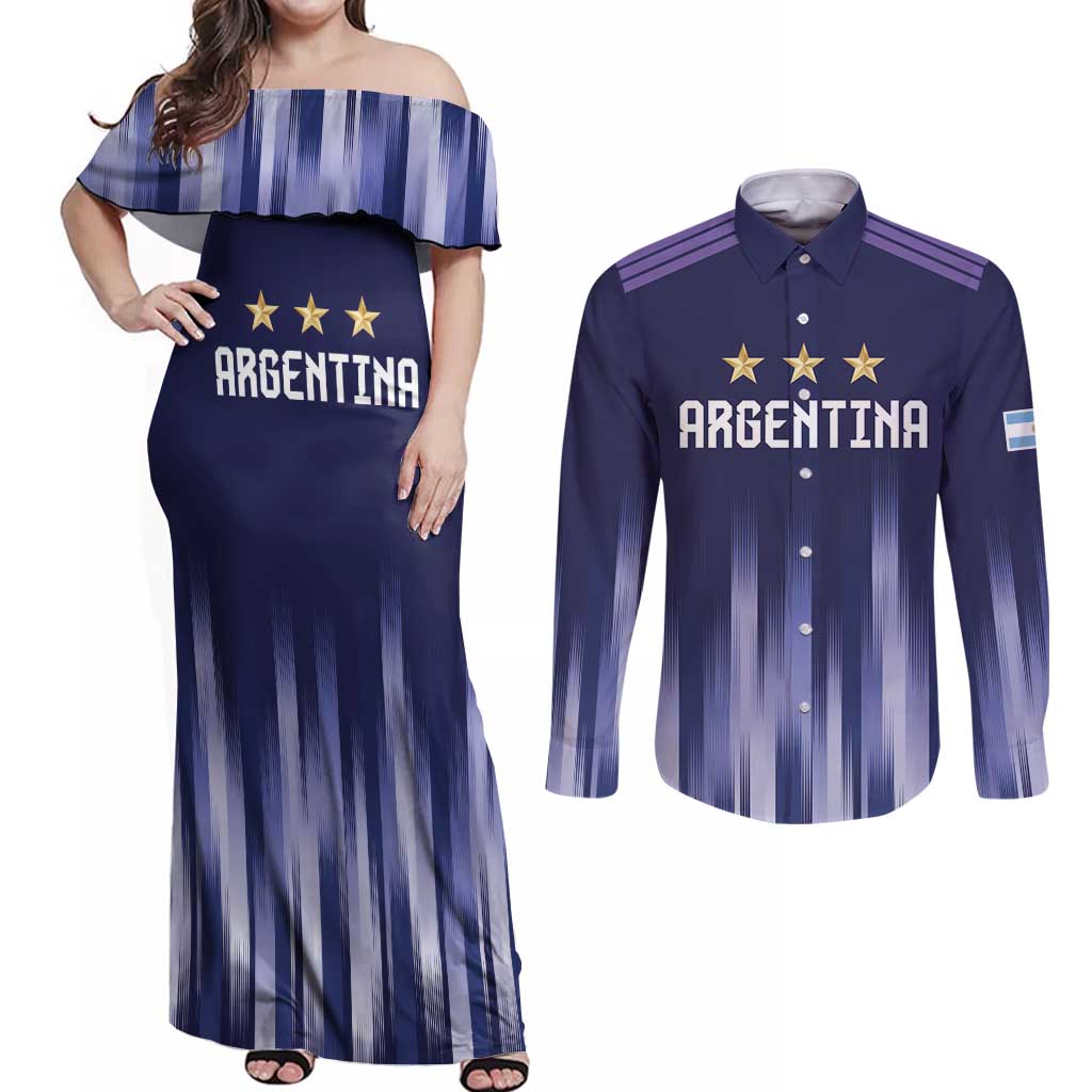Argentina Football Custom Couples Matching Off Shoulder Maxi Dress and Long Sleeve Button Shirt Vamos La Albiceleste Vintage