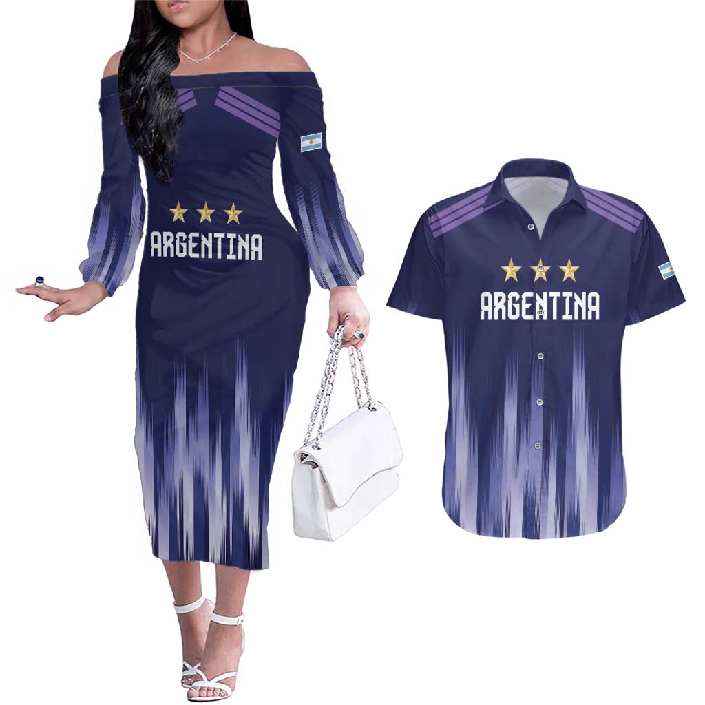 Argentina Football Custom Couples Matching Off The Shoulder Long Sleeve Dress and Hawaiian Shirt Vamos La Albiceleste Vintage