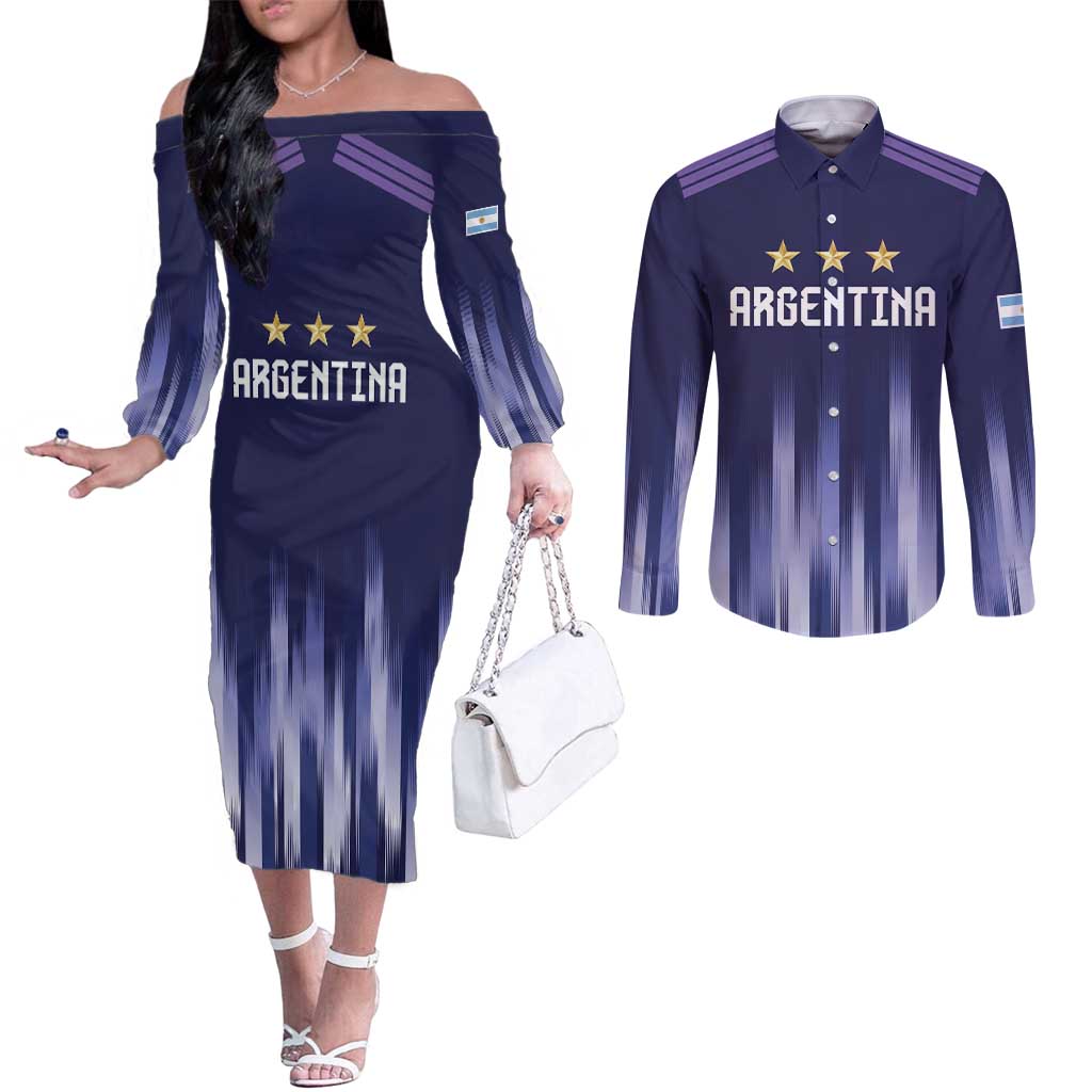 Argentina Football Custom Couples Matching Off The Shoulder Long Sleeve Dress and Long Sleeve Button Shirt Vamos La Albiceleste Vintage