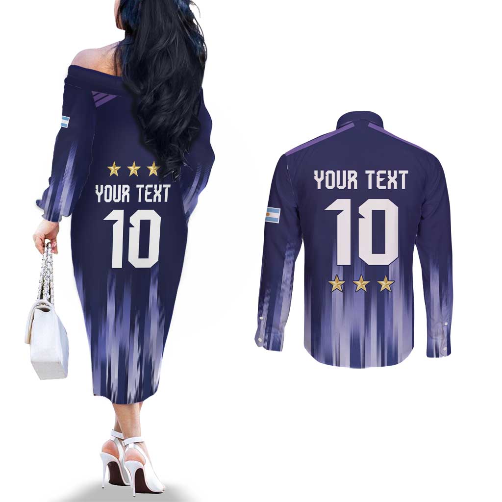 Argentina Football Custom Couples Matching Off The Shoulder Long Sleeve Dress and Long Sleeve Button Shirt Vamos La Albiceleste Vintage