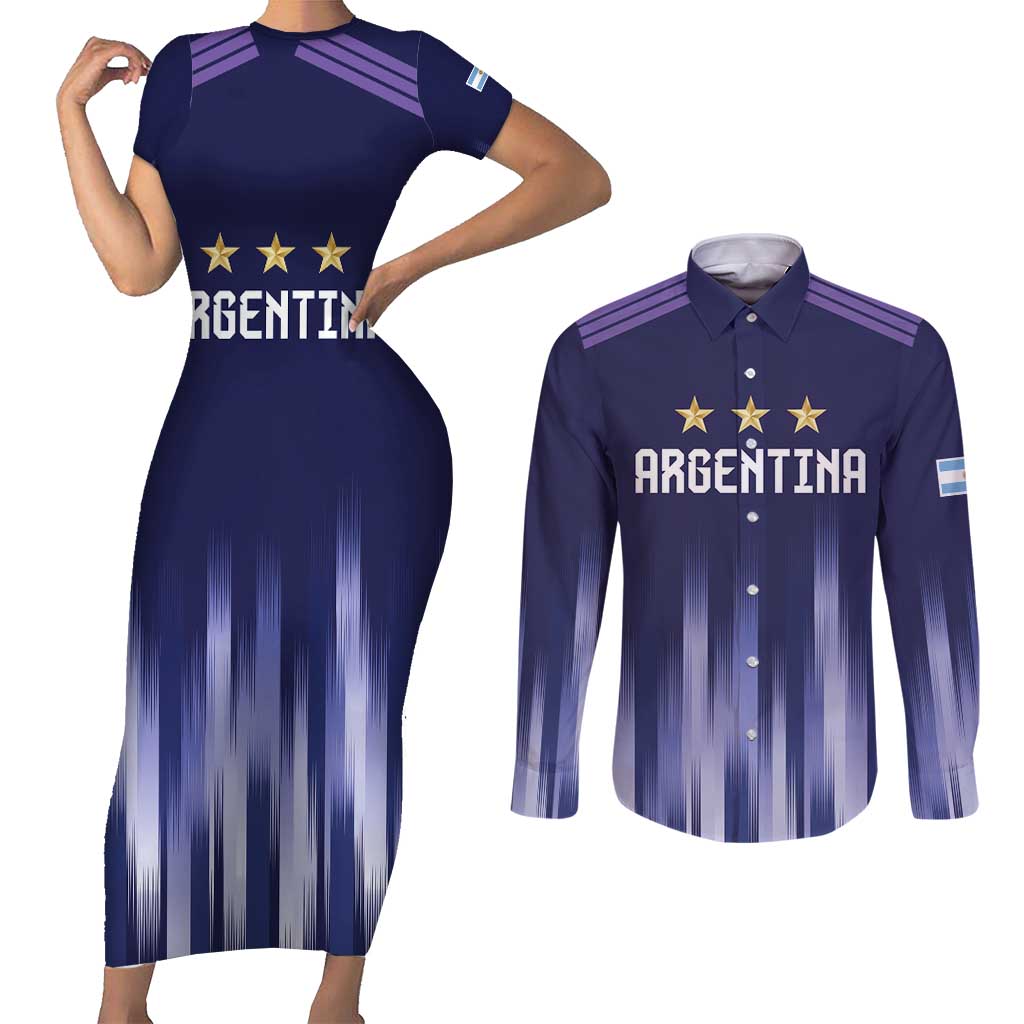 Argentina Football Custom Couples Matching Short Sleeve Bodycon Dress and Long Sleeve Button Shirt Vamos La Albiceleste Vintage